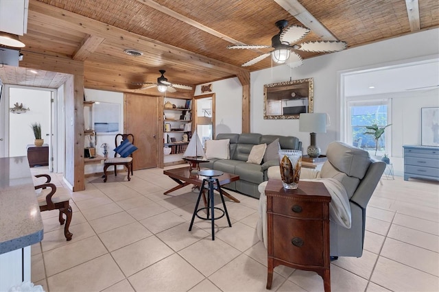 living area with wooden ceiling, light tile patterned flooring, and ceiling fan