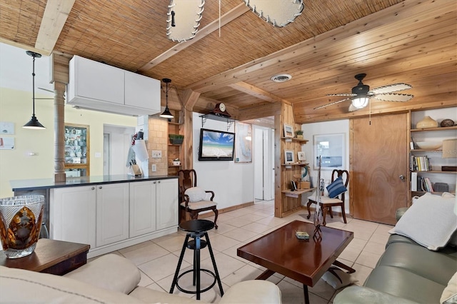 living area with wooden ceiling, light tile patterned flooring, visible vents, and ceiling fan