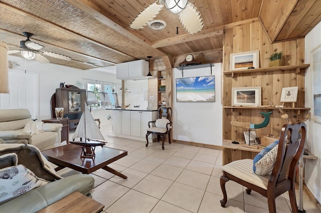 tiled living area with visible vents, baseboards, ceiling fan, beam ceiling, and wooden ceiling