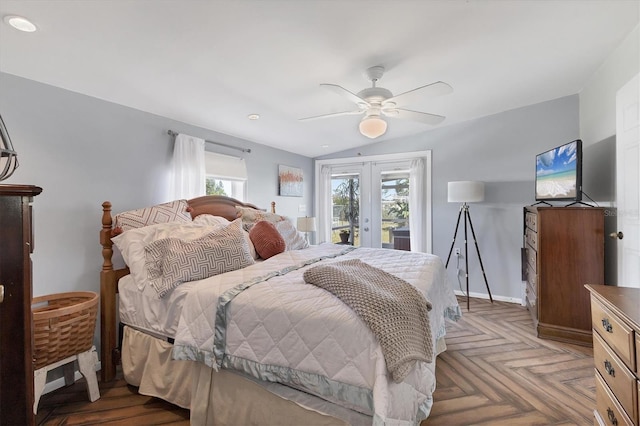 bedroom with baseboards, lofted ceiling, ceiling fan, access to exterior, and french doors