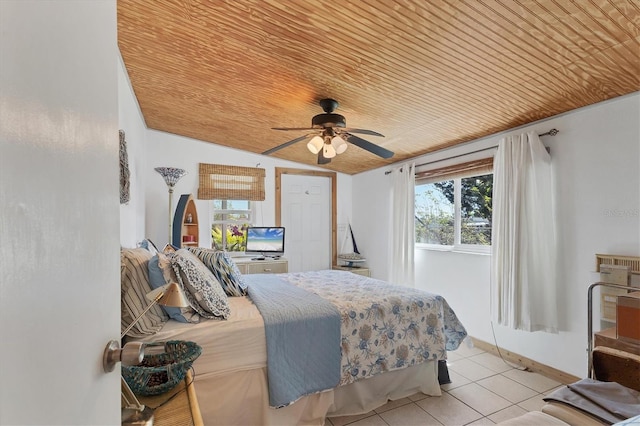 bedroom with light tile patterned floors, baseboards, wood ceiling, and a ceiling fan