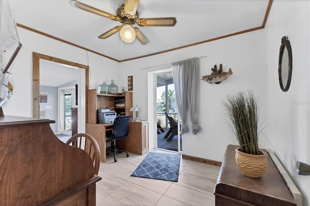 office space with plenty of natural light, a ceiling fan, and crown molding