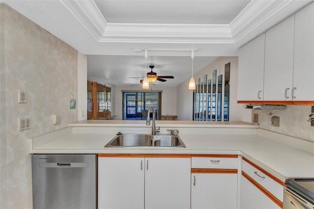 kitchen featuring a ceiling fan, a sink, light countertops, appliances with stainless steel finishes, and white cabinetry