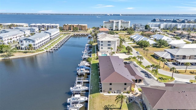 drone / aerial view with a water view