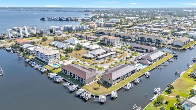drone / aerial view featuring a water view