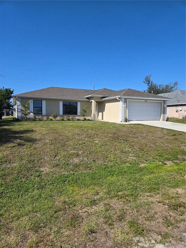 view of front of property featuring stucco siding, a front lawn, concrete driveway, and an attached garage