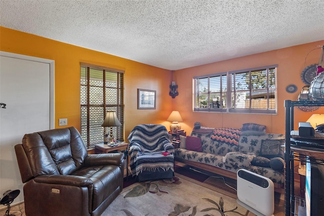 living area with carpet flooring and a textured ceiling