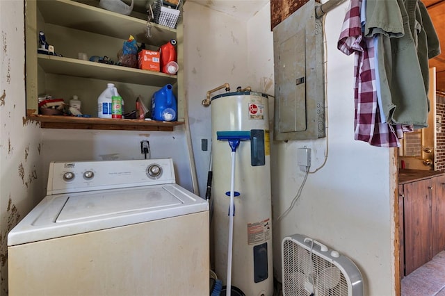 laundry area with water heater, laundry area, washer / dryer, and electric panel