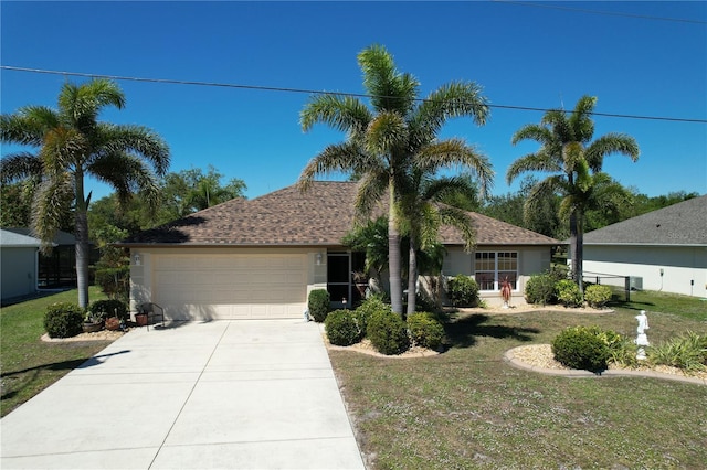 ranch-style home with a front lawn, an attached garage, driveway, and roof with shingles