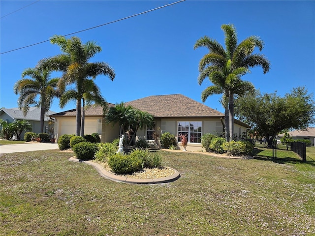 single story home with stucco siding, driveway, a front yard, and fence