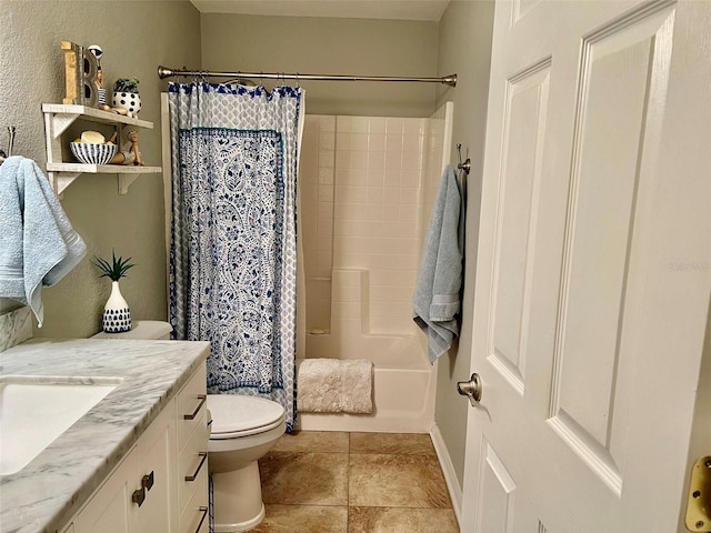 bathroom featuring baseboards, toilet, vanity, and shower / bath combination with curtain