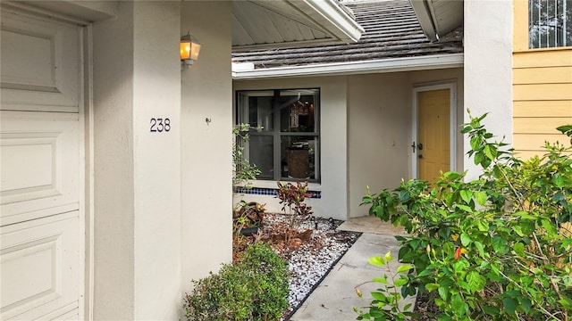 doorway to property featuring stucco siding