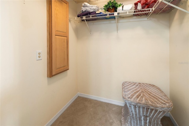 spacious closet featuring light colored carpet