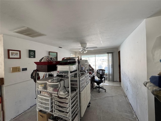 bedroom featuring visible vents, concrete flooring, and a ceiling fan