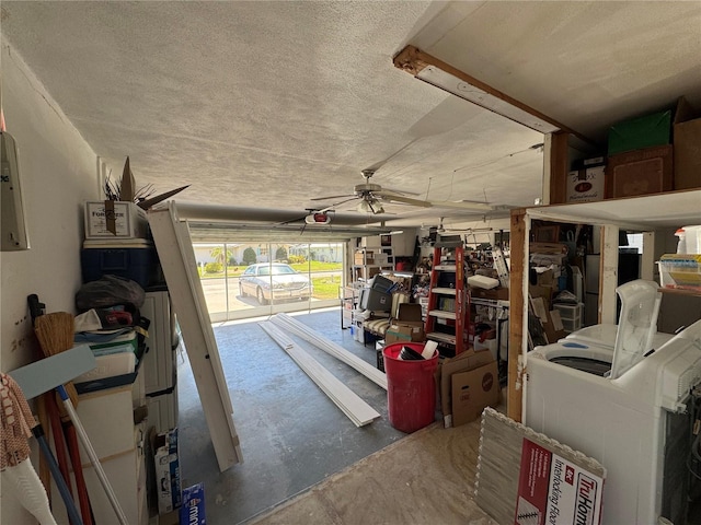 garage with a garage door opener and a ceiling fan