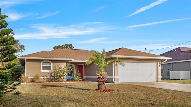 single story home featuring stucco siding, driveway, fence, a front yard, and a garage