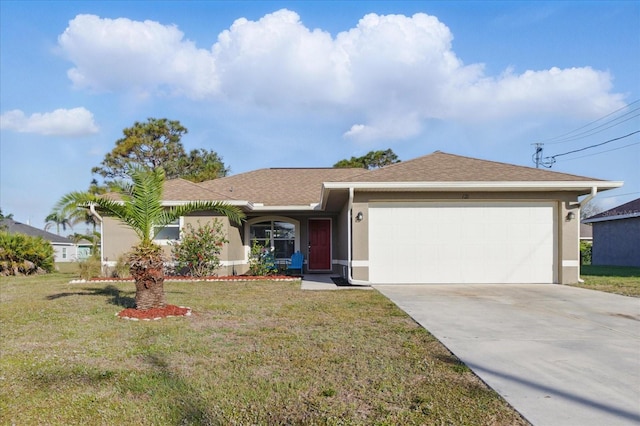 single story home with an attached garage, a shingled roof, a front lawn, stucco siding, and driveway