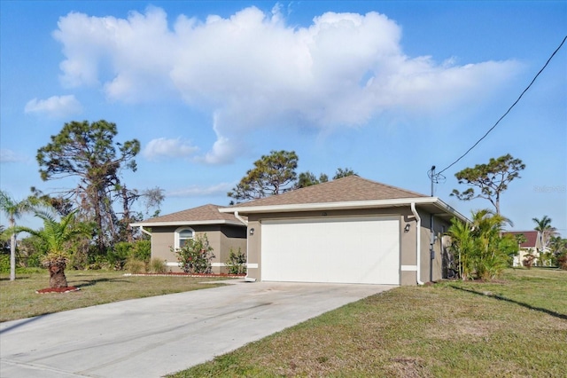 ranch-style house with concrete driveway, an attached garage, a front lawn, and stucco siding