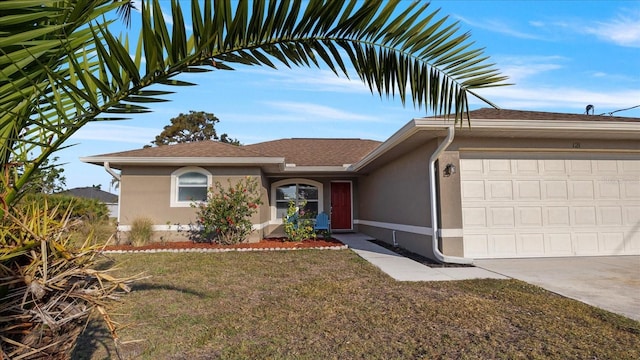 ranch-style home featuring a front lawn, roof with shingles, stucco siding, driveway, and an attached garage