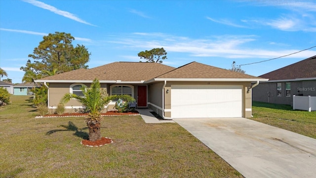 ranch-style house with concrete driveway, an attached garage, a front yard, and stucco siding