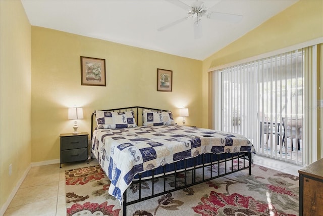 bedroom with lofted ceiling, access to outside, tile patterned flooring, baseboards, and ceiling fan