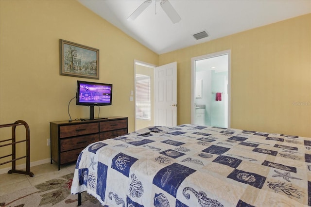 tiled bedroom featuring visible vents, a ceiling fan, baseboards, connected bathroom, and lofted ceiling