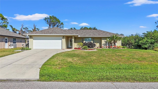 ranch-style house with stucco siding, driveway, a front lawn, and a garage