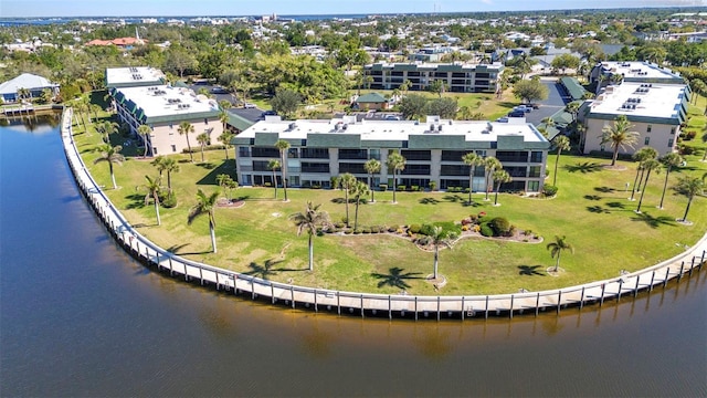 drone / aerial view with a water view