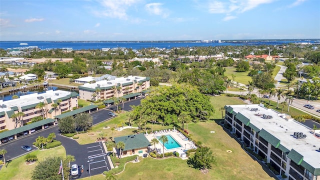 drone / aerial view with a water view