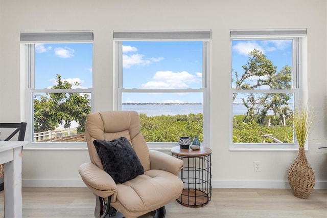 living area with wood finished floors, a water view, and baseboards