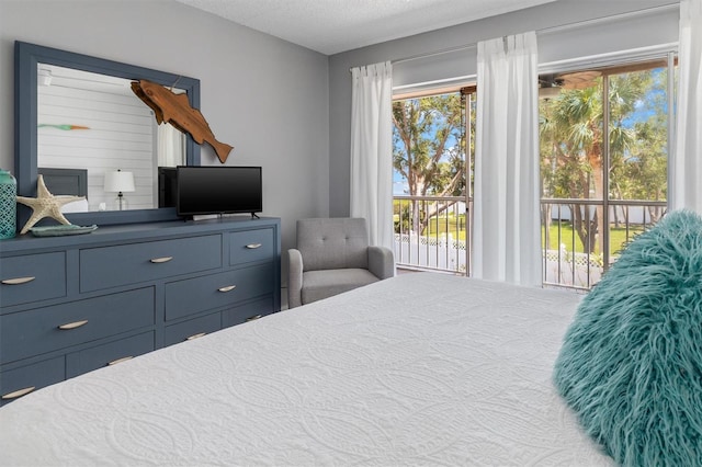 bedroom featuring access to outside and a textured ceiling