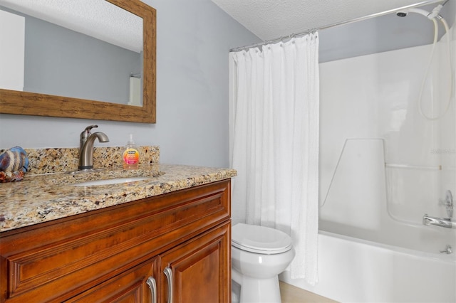 full bathroom featuring toilet, a textured ceiling, vanity, and shower / tub combo