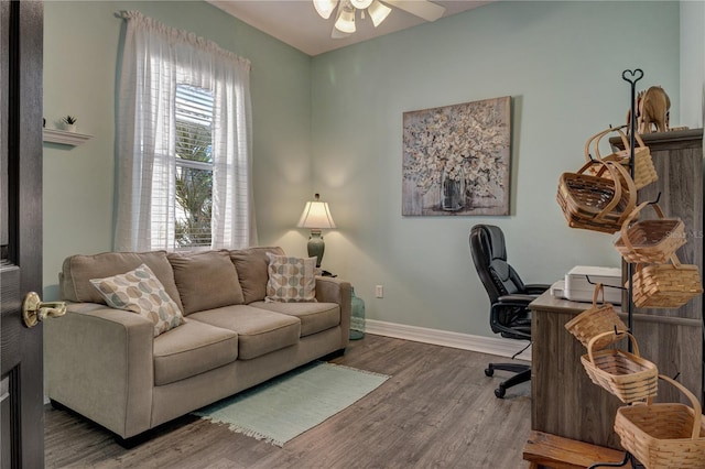 office with wood finished floors, baseboards, and ceiling fan