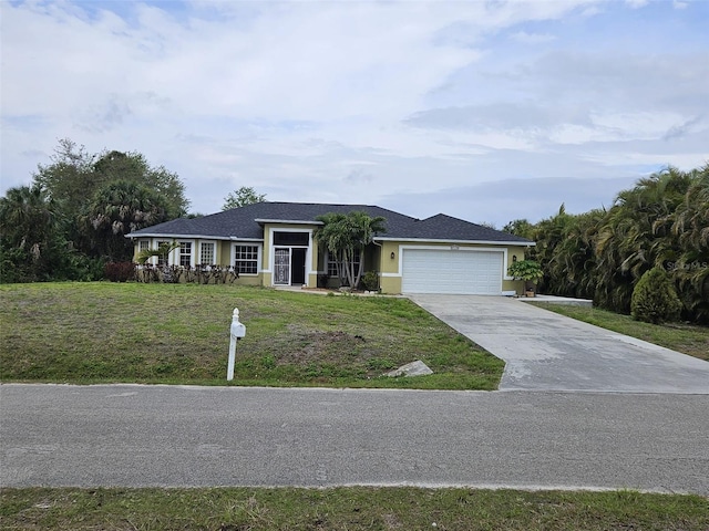 ranch-style home with a front lawn, an attached garage, concrete driveway, and stucco siding