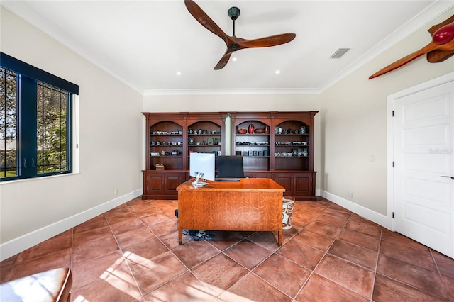 1111 San Mateo Dr, Punta Gorda, FL 33950 - home office with visible vents, baseboards, a ceiling fan, and crown molding