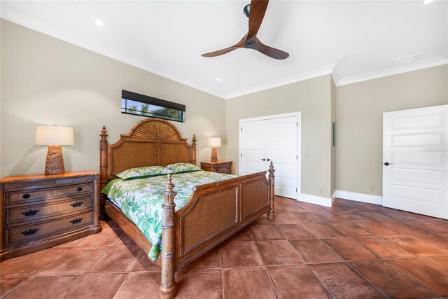 1111 San Mateo Dr, Punta Gorda, FL 33950 - bedroom with tile patterned floors, baseboards, ceiling fan, and crown molding