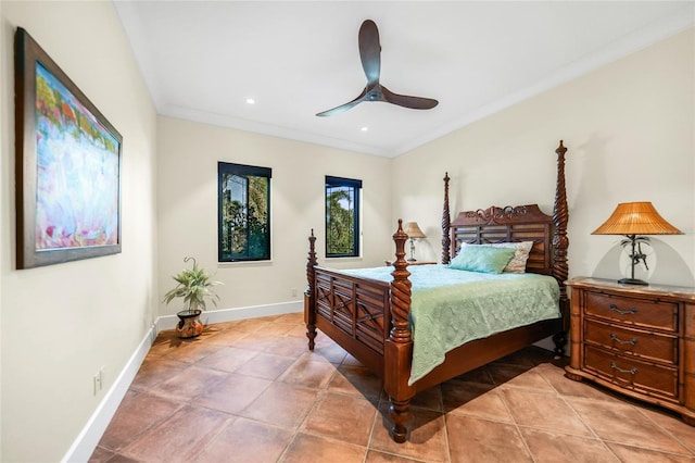 1111 San Mateo Dr, Punta Gorda, FL 33950 - bedroom with ceiling fan, baseboards, ornamental molding, light tile patterned floors, and recessed lighting