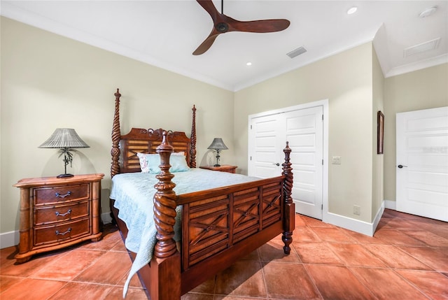 1111 San Mateo Dr, Punta Gorda, FL 33950 - bedroom with light tile patterned floors, baseboards, visible vents, and ornamental molding