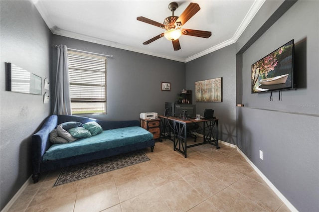 office area with light tile patterned flooring, baseboards, a ceiling fan, and ornamental molding