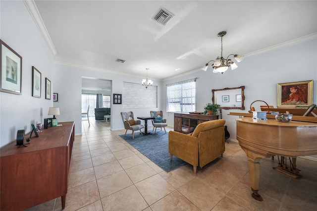 living area featuring an inviting chandelier, light tile patterned flooring, crown molding, and visible vents