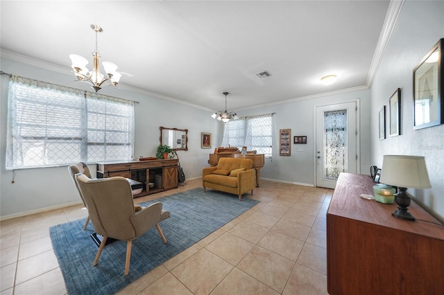 living room with visible vents, an inviting chandelier, light tile patterned flooring, and crown molding