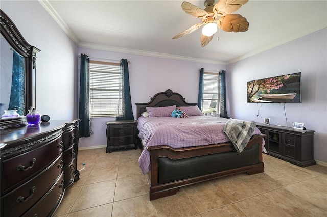 bedroom with light tile patterned floors, a ceiling fan, baseboards, and ornamental molding