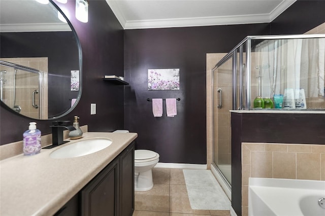 full bathroom featuring a stall shower, ornamental molding, and tile patterned flooring