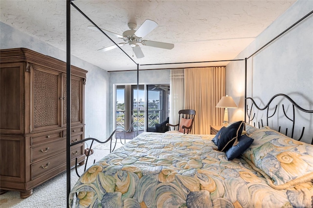 bedroom with light carpet, a textured ceiling, ceiling fan, and access to outside