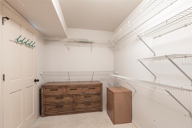 walk in closet featuring light colored carpet