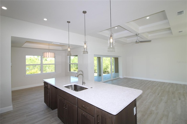 kitchen featuring open floor plan, light wood-type flooring, light countertops, and a sink