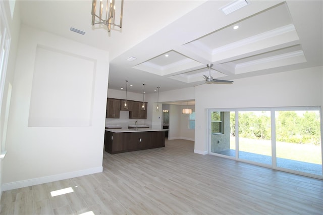 unfurnished living room with visible vents, coffered ceiling, and an inviting chandelier