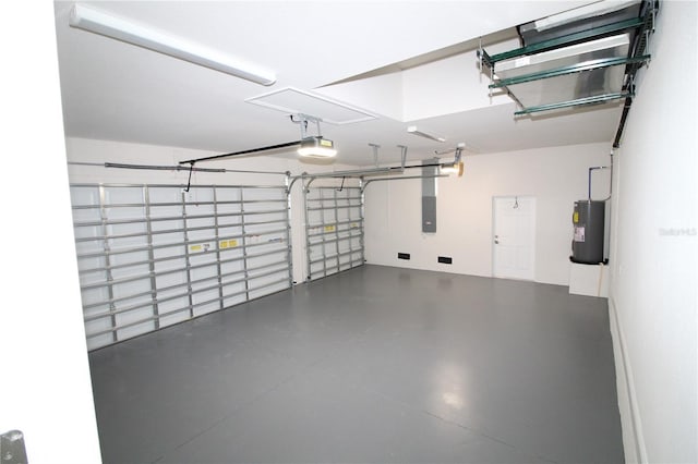 garage featuring electric panel, a garage door opener, and electric water heater