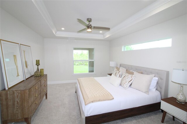 9529 Calumet Blvd, Port Charlotte, FL 33981 - bedroom with a tray ceiling, ornamental molding, light carpet, ceiling fan, and recessed lighting