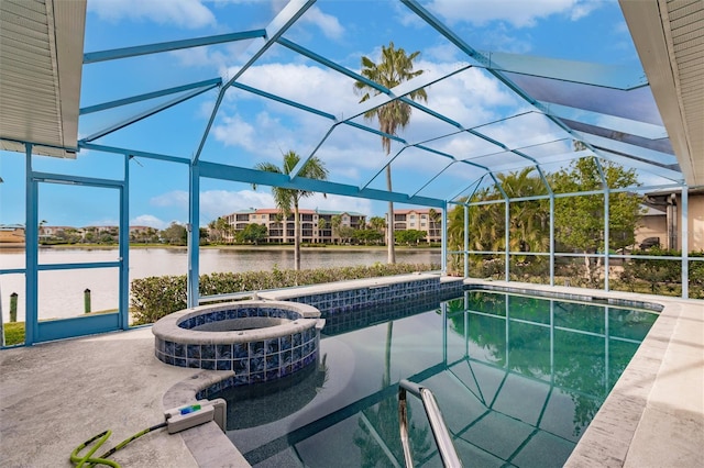 view of pool with glass enclosure, a patio, a water view, and a pool with connected hot tub